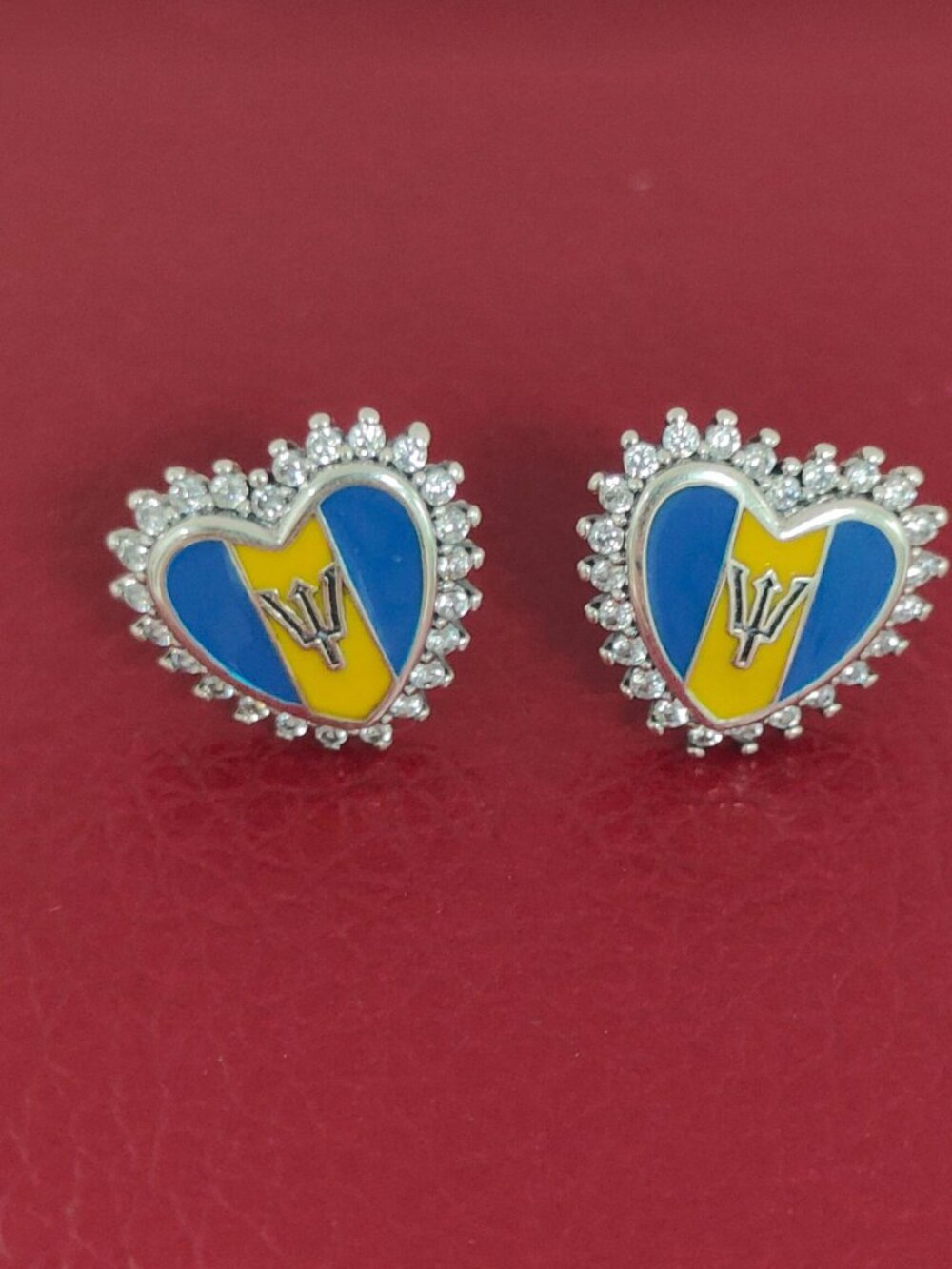 Barbados Flag Heart Stud Earrings Women Jewelry 925 Sterling Silver with box